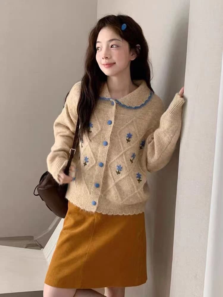 한 부서 달콤함 자수 작은 꽃 폴로 칼라 스웨터 오픈 가디건 여성 루즈핏 가을 겨울 부드러운 찹쌀 연령 감소 니트 재킷 두꺼움 맨위 상세 이미지 9