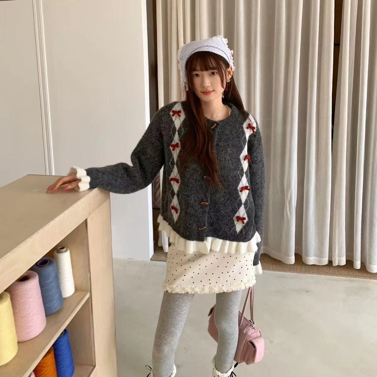 한 부서 레트로 나비 매듭 링 그리드 레이스 싱글 줄 버튼 다용도 라운드 넥 스웨터 오픈 가디건 여성 가을 겨울 외출용 이미지 2