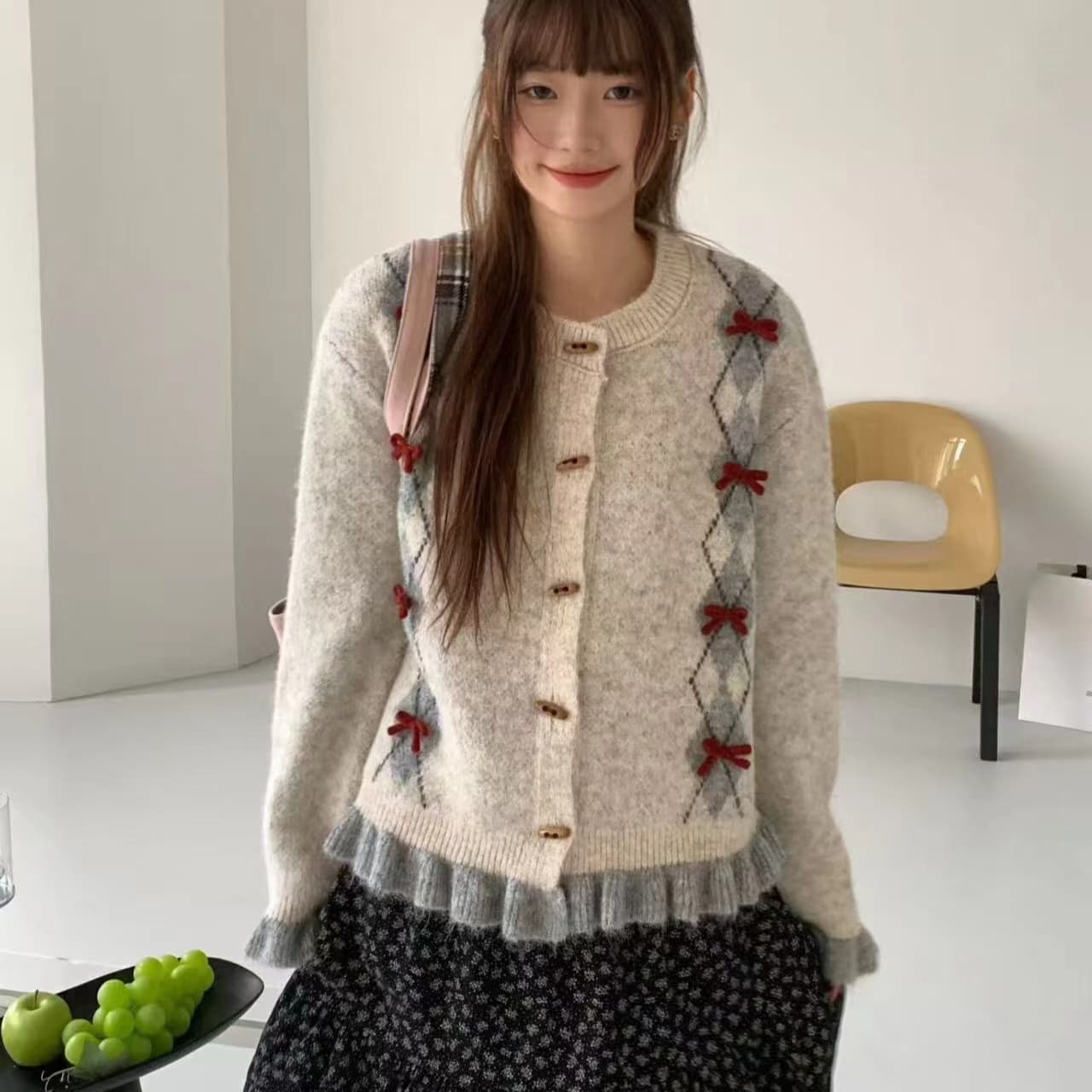 한 부서 레트로 나비 매듭 링 그리드 레이스 싱글 줄 버튼 다용도 라운드 넥 스웨터 오픈 가디건 여성 가을 겨울 외출용