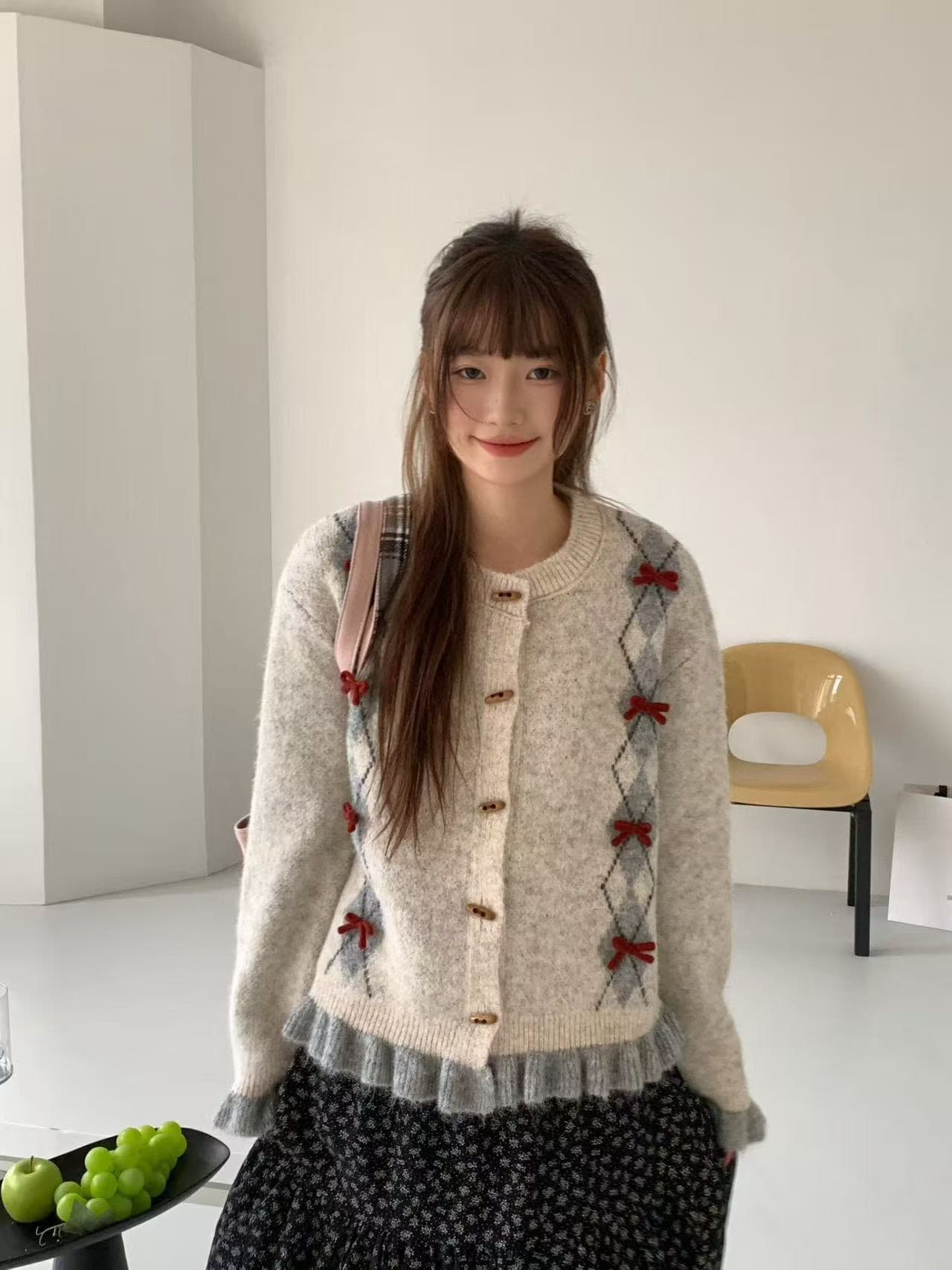 한 부서 레트로 나비 매듭 링 그리드 레이스 싱글 줄 버튼 다용도 라운드 넥 스웨터 오픈 가디건 여성 가을 겨울 외출용 상세 이미지 2