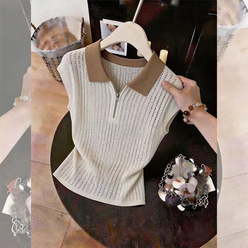 오래된 돈 바람 POLO 칼라 홀로우 아웃 니트 반팔 티셔츠 여성 여름 고급 센스 작은 날다 소매 맨위 디자인 센스 작은 대중 이미지 5