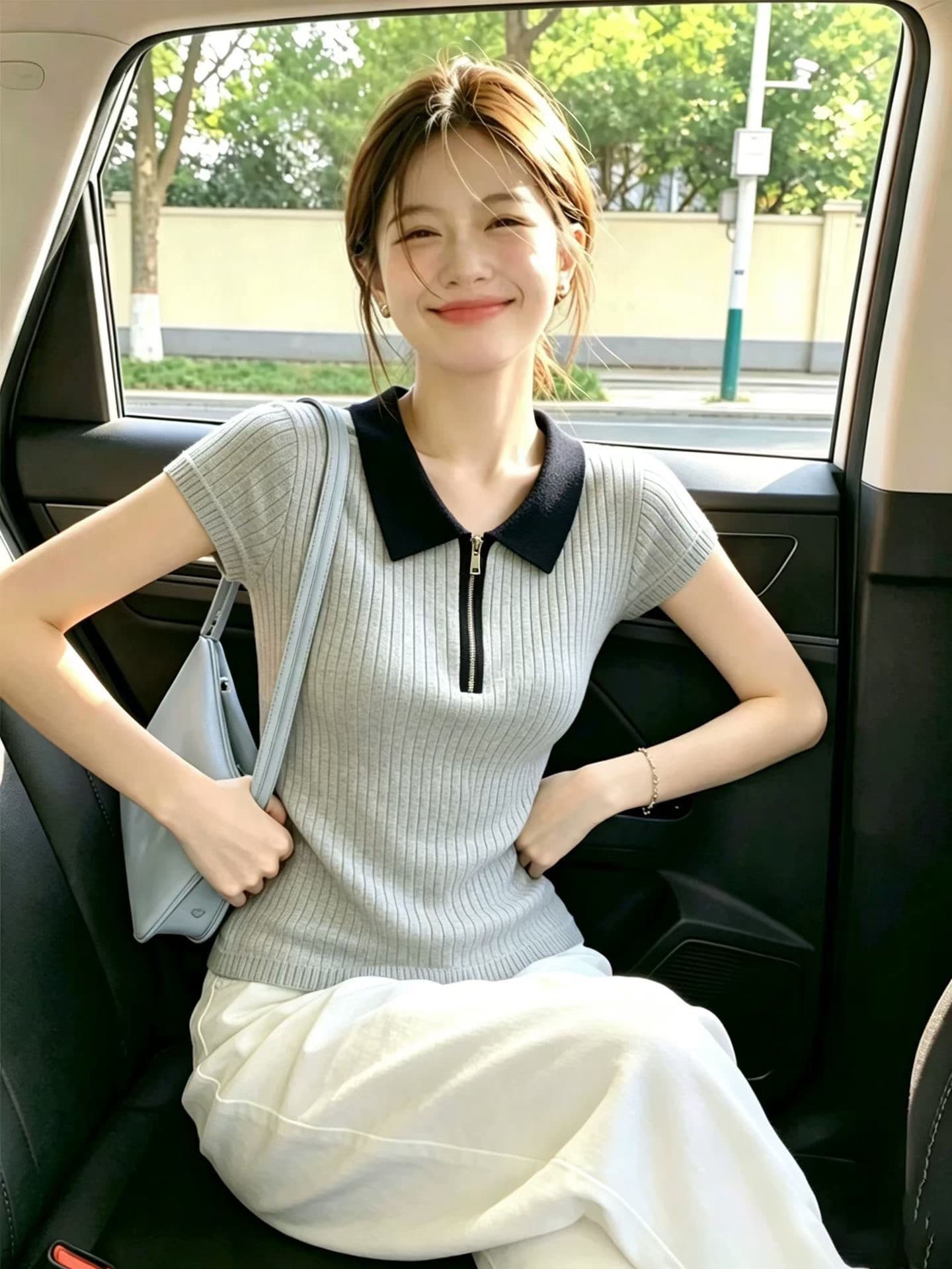 학원 스타일 배색 POLO 칼라 반팔 니트 스웨터 여성 여름 새로운 한국 스타일 루즈핏 슬림해 보이는 연령 감소 다용도 맨위 상세 이미지 1