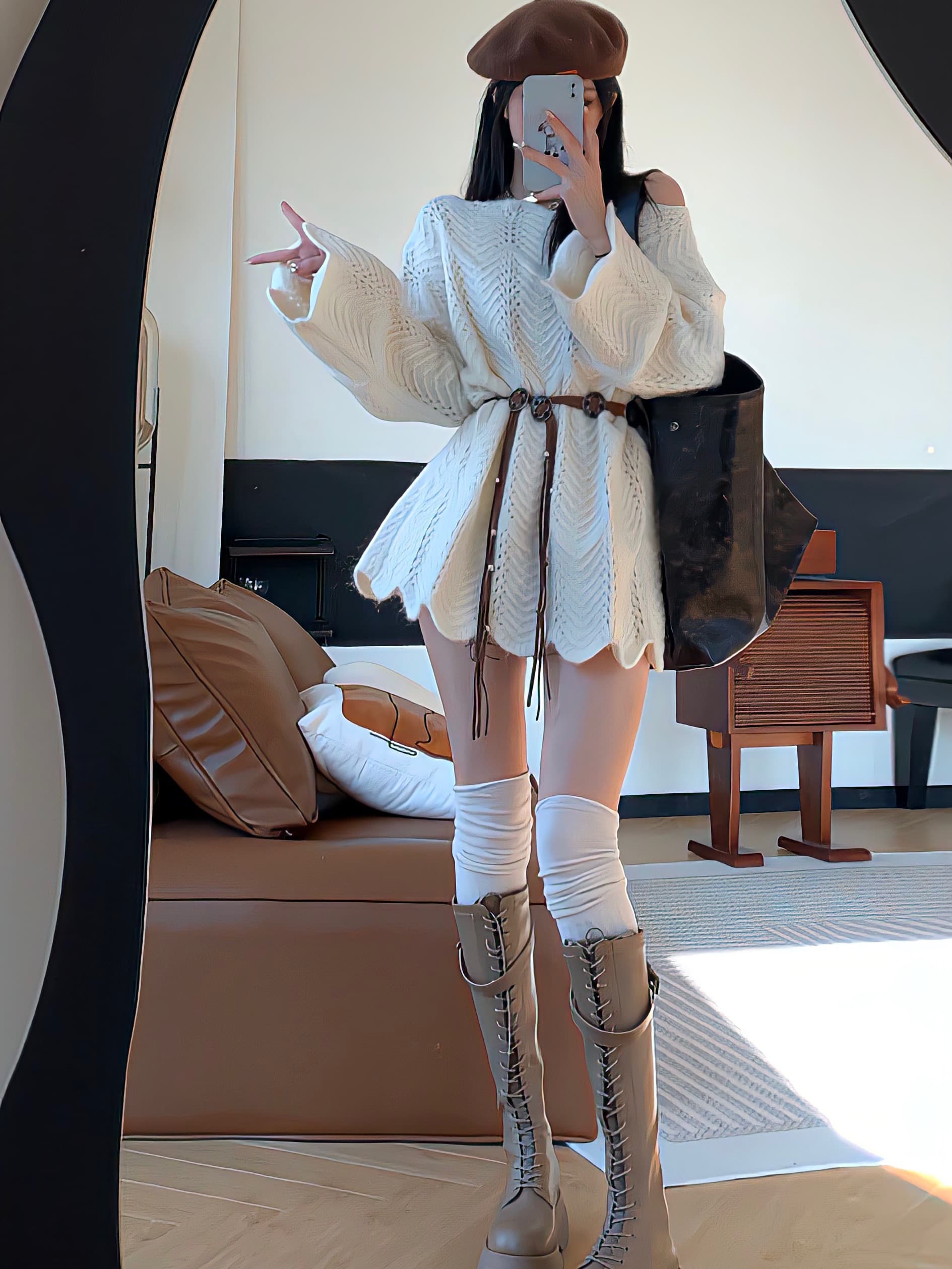 한 부서 불규칙 레이스 홀로우 아웃 니트 맨위 여성 가을 부드러운 바람 캐주얼 달콤함 오프숄더 루즈핏 풀오버 상세 이미지 12