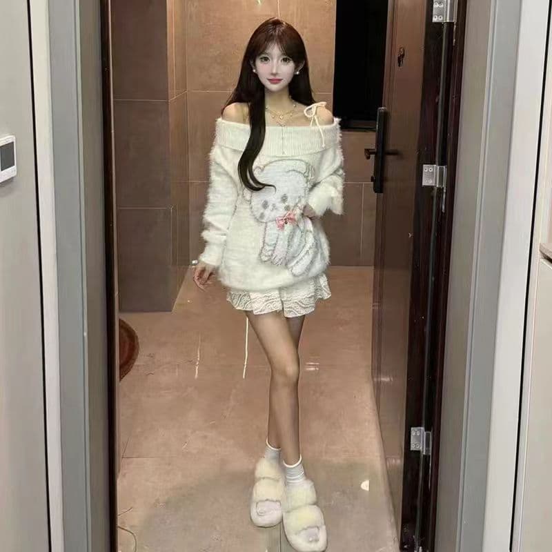 오프숄더 순수한 욕망 소녀 털이 많은 스웨터 모방 fall 부드러운 찹쌀 여성 이른 가을 새로운 강아지 프린트 느긋한 바람 맨위 이미지 4
