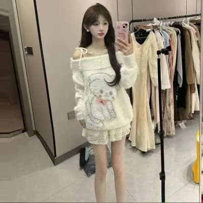 오프숄더 순수한 욕망 소녀 털이 많은 스웨터 모방 fall 부드러운 찹쌀 여성 이른 가을 새로운 강아지 프린트 느긋한 바람 맨위 상세 이미지 2