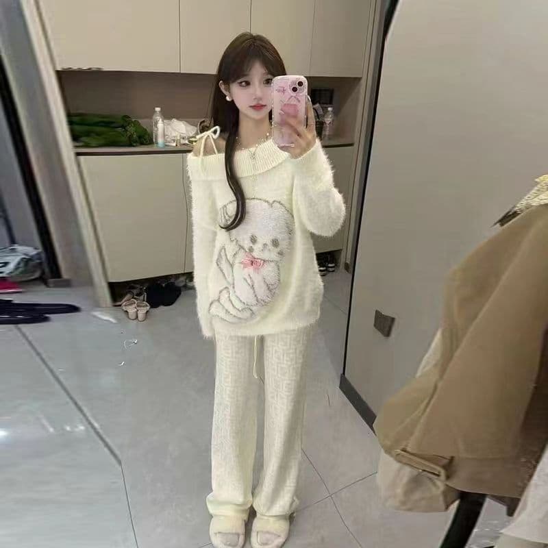 오프숄더 순수한 욕망 소녀 털이 많은 스웨터 모방 fall 부드러운 찹쌀 여성 이른 가을 새로운 강아지 프린트 느긋한 바람 맨위 상세 이미지 6