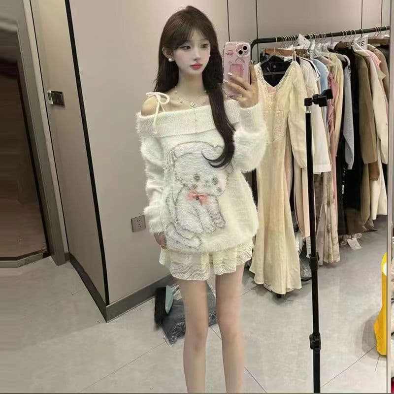오프숄더 순수한 욕망 소녀 털이 많은 스웨터 모방 fall 부드러운 찹쌀 여성 이른 가을 새로운 강아지 프린트 느긋한 바람 맨위 상세 이미지 8