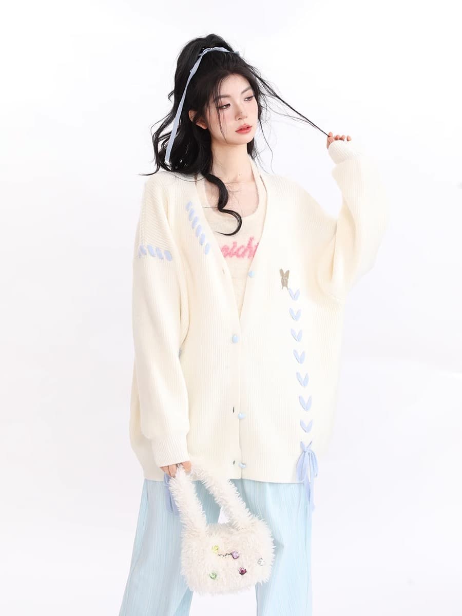 한국 동대문 가을 겨울 느긋한 바람 작은 대중 다용도 디자인 센스 나비 스트랩 하트 단추 여성 오픈 가디건 스웨터 상세 이미지 4