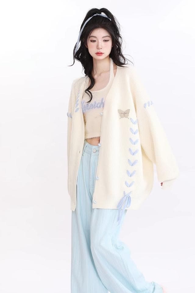 한국 동대문 가을 겨울 느긋한 바람 작은 대중 다용도 디자인 센스 나비 스트랩 하트 단추 여성 오픈 가디건 스웨터 상세 이미지 6