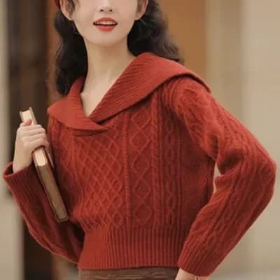 한 부서 해군 칼라 레트로 일본식 느긋한 크리스마스 빨간색 스웨터 여성 겨울 상세 이미지 2