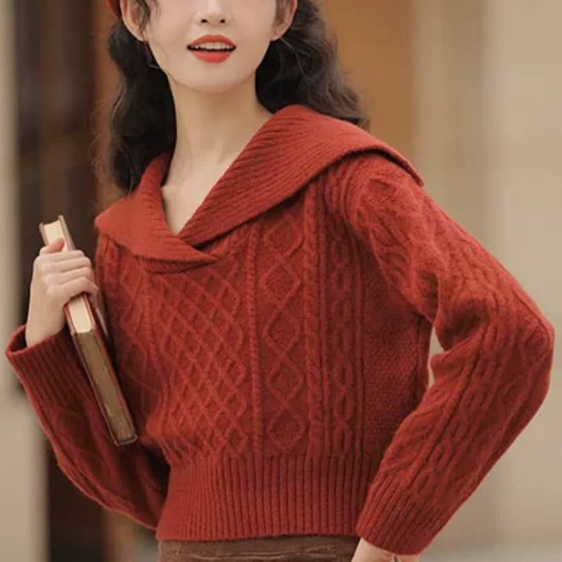 한 부서 해군 칼라 레트로 일본식 느긋한 크리스마스 빨간색 스웨터 여성 겨울 상세 이미지 5