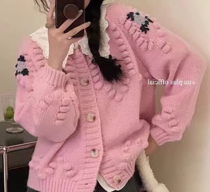 보라색 달콤함 자수 작은 꽃 스웨터 오픈 가디건 여성 코트 한 부서 외국 가스 고급 센스 부드러운 찹쌀 스택 바늘 짠 셔츠 상세 이미지 5
