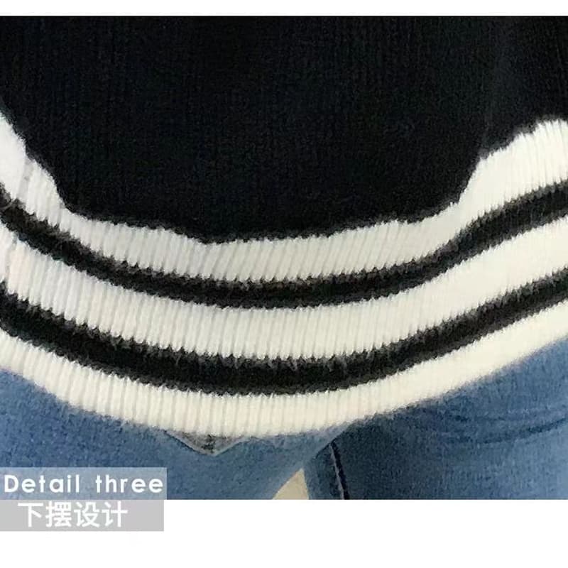 한국 가을 겨울 chic 배색 야구 유니폼 V넥 대 뒤집다 측면 길이 소매 루즈핏 두꺼운 스웨터 코트 상세 이미지 15
