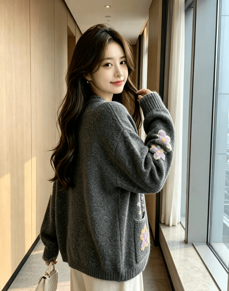 한국 동대문 꽃 자수 라운드 넥 긍정적 인 어깨 니트 오픈 가디건 스웨터 여자 2026 가을 겨울 새로운 슈퍼 잘 생긴 백 상세 이미지 5