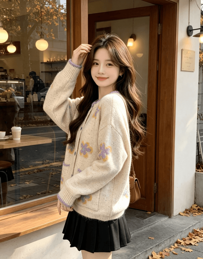 한국 동대문 꽃 자수 라운드 넥 긍정적 인 어깨 니트 오픈 가디건 스웨터 여자 2026 가을 겨울 새로운 슈퍼 잘 생긴 백 상세 이미지 6