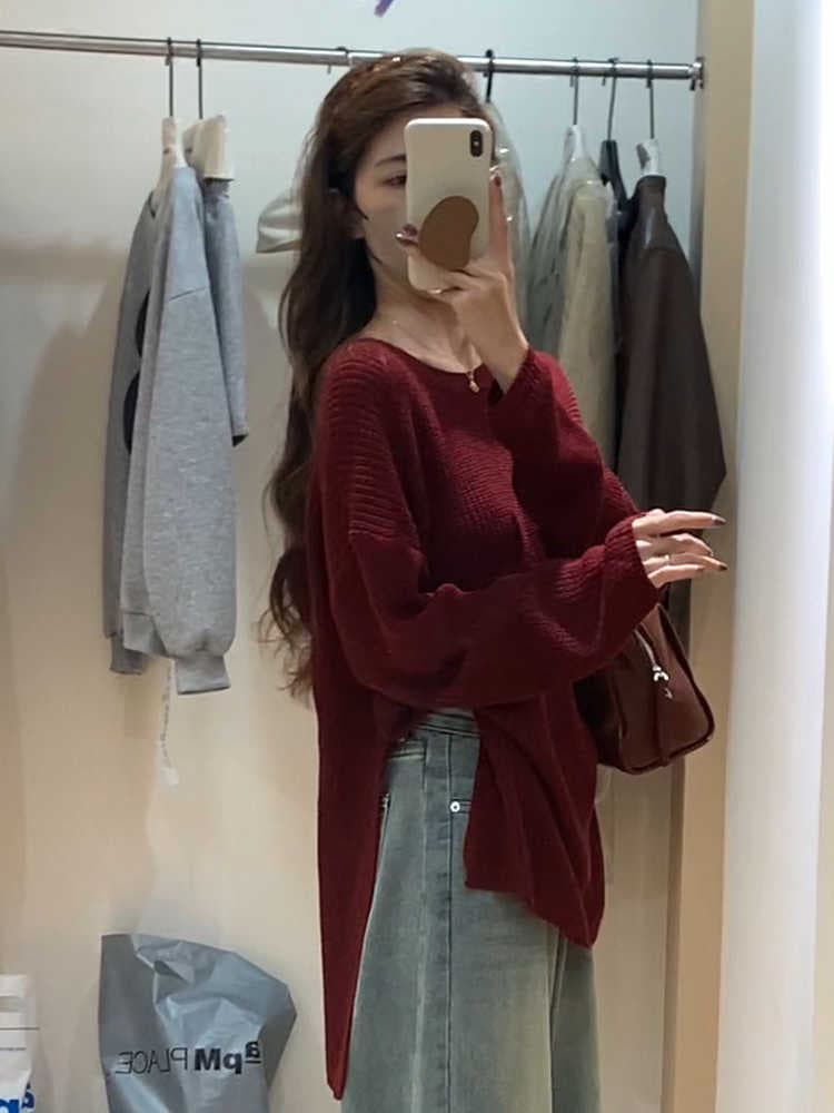 레트로 항구 바람 와인 레드 스웨터 여자 가을 한 부서 새로운 부드러운 찹쌀 느긋한 바람 연령 감소 트임 니트 스웨터 맨위 이미지 2