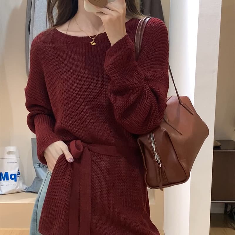 레트로 항구 바람 와인 레드 스웨터 여자 가을 한 부서 새로운 부드러운 찹쌀 느긋한 바람 연령 감소 트임 니트 스웨터 맨위 이미지 5