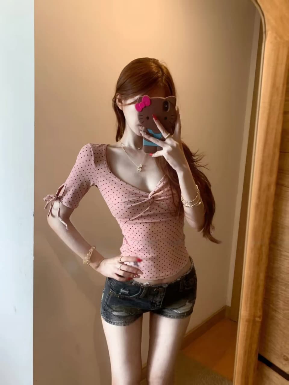 순수한 욕망 바람 여름 도트 무늬 자수 비틀림 몸매 가꾸기 슬림해 보이는 반팔 벨트 가슴 패드 상세 이미지 6