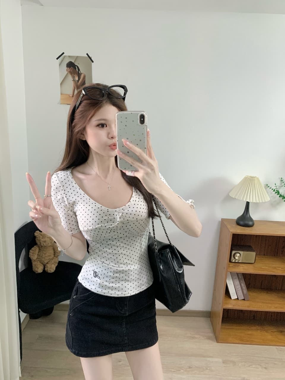 순수한 욕망 바람 여름 도트 무늬 자수 비틀림 몸매 가꾸기 슬림해 보이는 반팔 벨트 가슴 패드 상세 이미지 17