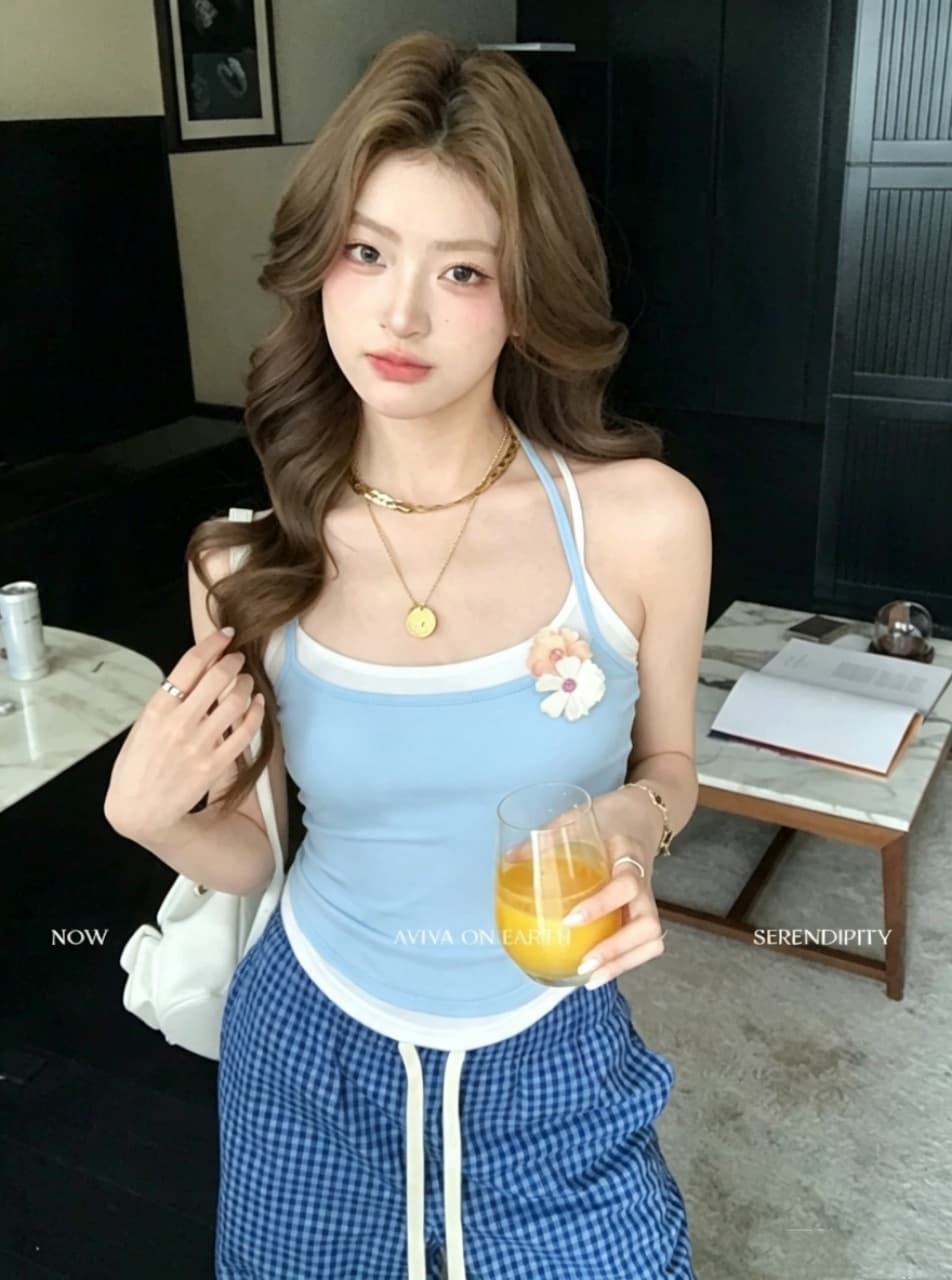 도파민 핫걸 페이크 레이어드 배색 여름 몸매 가꾸기 외출용 쇼트 스타일 작은 켜기 벨트 가슴 패드 상세 이미지 11