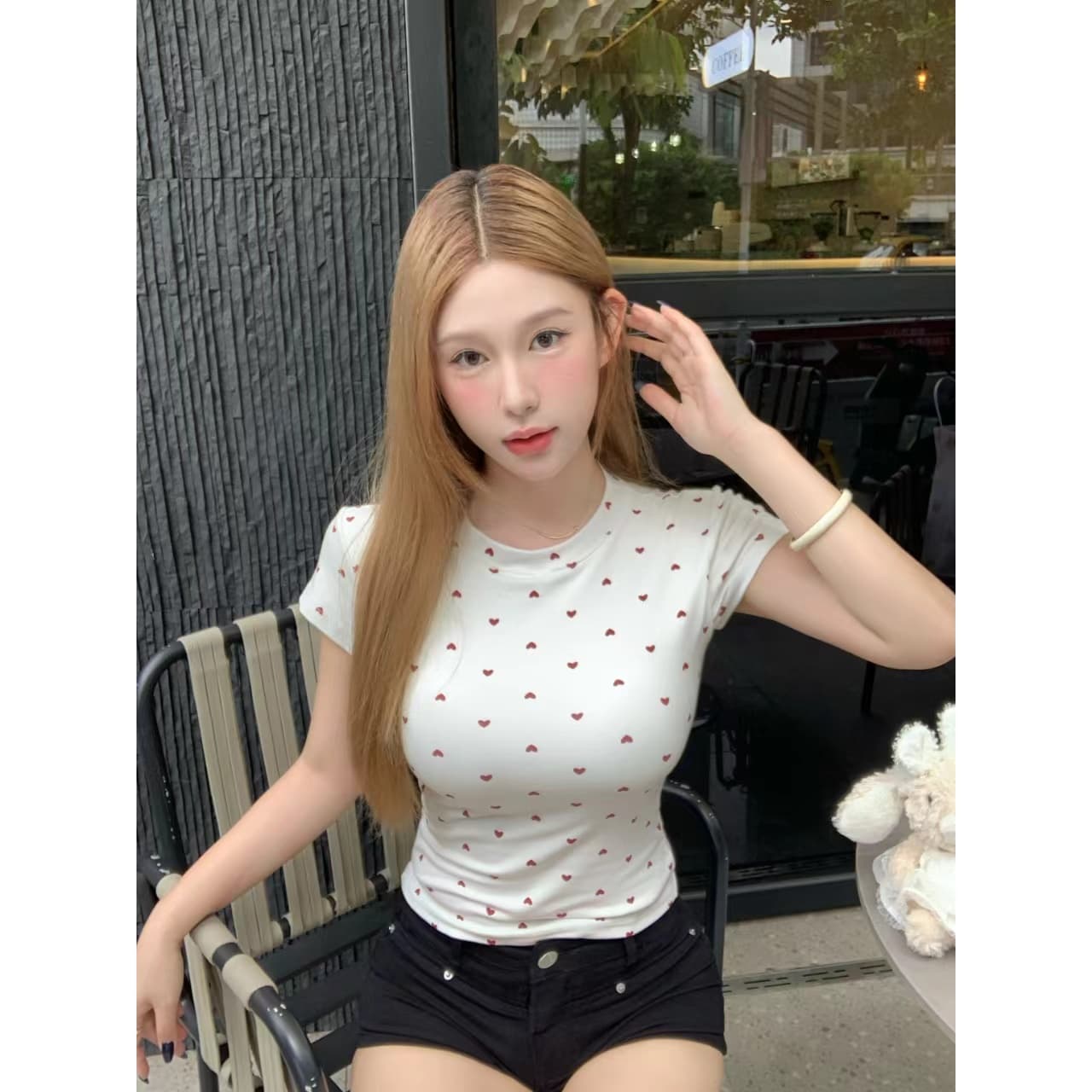 여름 디자인 센스 핫걸 몸매 가꾸기 Chic 긍정적 인 어깨 라운드 넥 복숭아 심장 프린트 반팔 벨트 가슴 패드 이미지 4