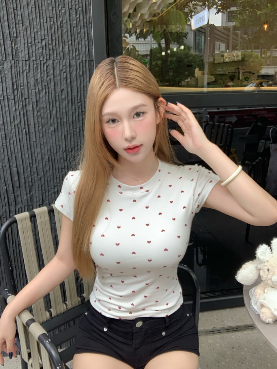 여름 디자인 센스 핫걸 몸매 가꾸기 Chic 긍정적 인 어깨 라운드 넥 복숭아 심장 프린트 반팔 벨트 가슴 패드 상세 이미지 6
