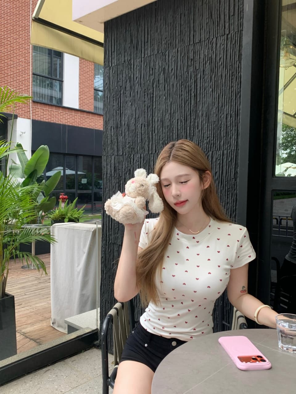 여름 디자인 센스 핫걸 몸매 가꾸기 Chic 긍정적 인 어깨 라운드 넥 복숭아 심장 프린트 반팔 벨트 가슴 패드 상세 이미지 10