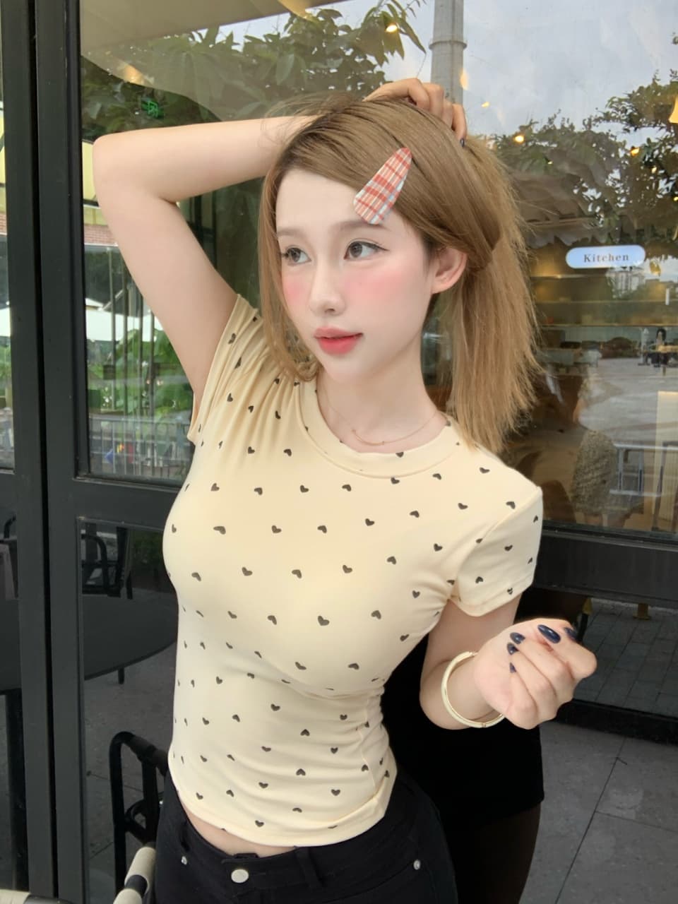 여름 디자인 센스 핫걸 몸매 가꾸기 Chic 긍정적 인 어깨 라운드 넥 복숭아 심장 프린트 반팔 벨트 가슴 패드 상세 이미지 11