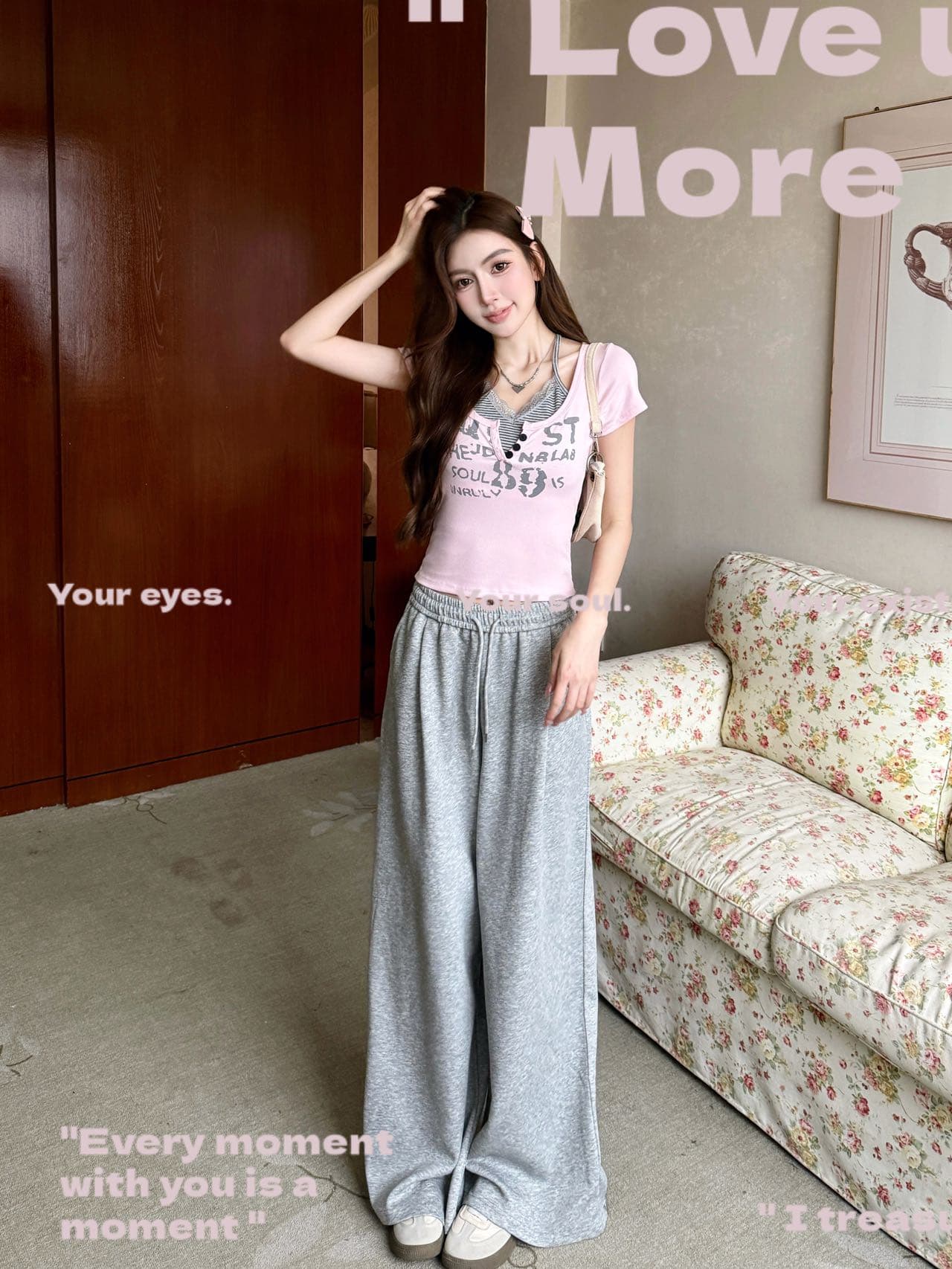 달콤한 차가운 바람 페이크 레이어드 패치워크 디자인 센스 봄 여름 폭발 나만의 것을 가져와 라. 가슴 패드 페이크 레이어드 프린트 반팔 티셔츠 상세 이미지 8