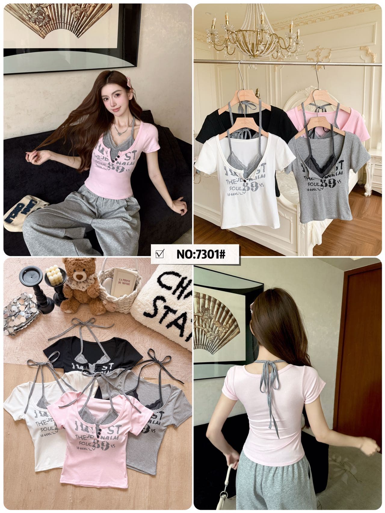 달콤한 차가운 바람 페이크 레이어드 패치워크 디자인 센스 봄 여름 폭발 나만의 것을 가져와 라. 가슴 패드 페이크 레이어드 프린트 반팔 티셔츠 상세 이미지 14
