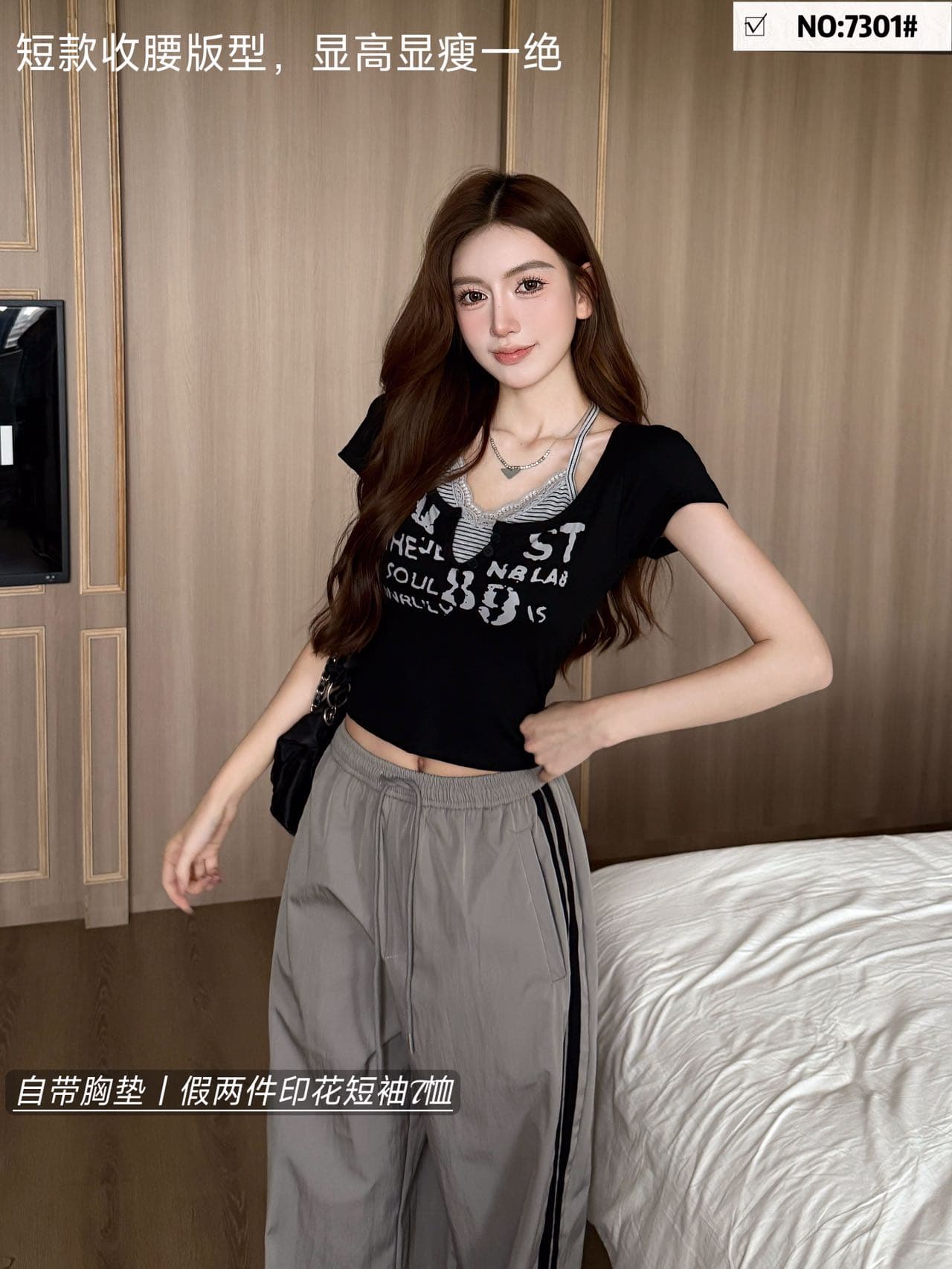 달콤한 차가운 바람 페이크 레이어드 패치워크 디자인 센스 봄 여름 폭발 나만의 것을 가져와 라. 가슴 패드 페이크 레이어드 프린트 반팔 티셔츠 상세 이미지 20