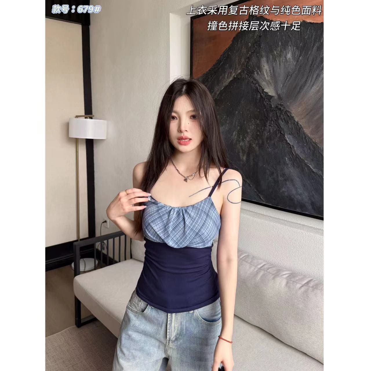 여름 한 부서 캐주얼 바람 분위기 센스 나만의 것을 가져와 라. 가슴 패드 레트로 체크무늬 패치워크 캐미솔 이미지 2