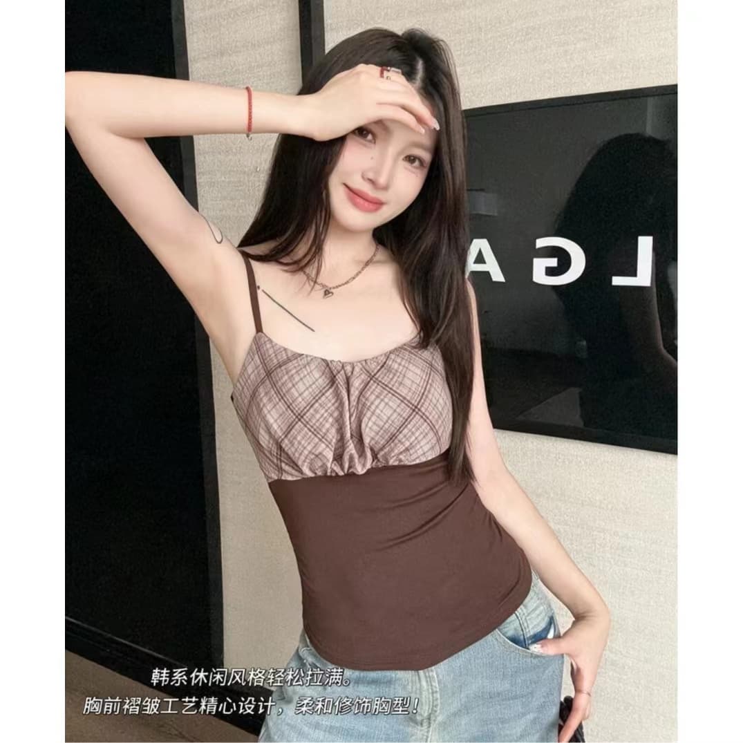 여름 한 부서 캐주얼 바람 분위기 센스 나만의 것을 가져와 라. 가슴 패드 레트로 체크무늬 패치워크 캐미솔 이미지 4