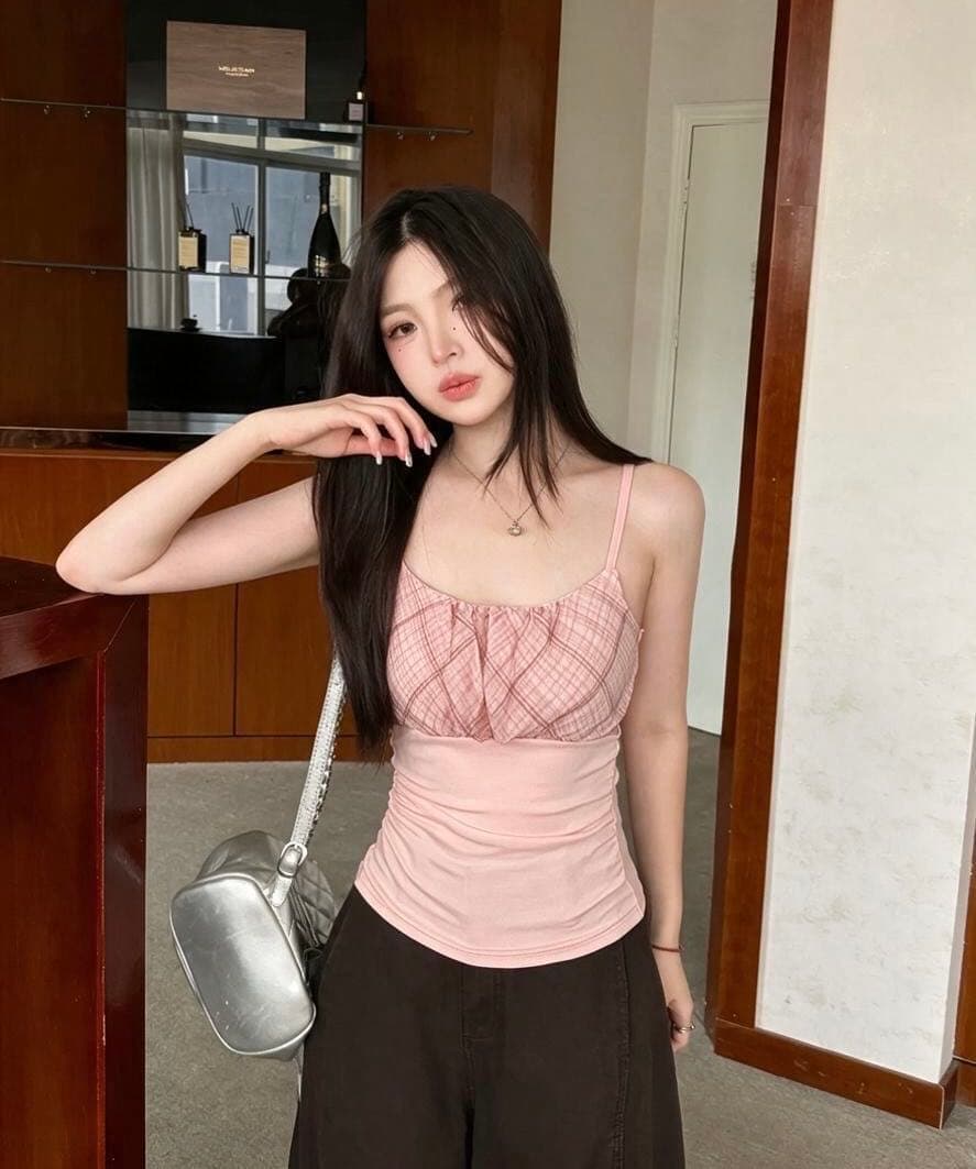 여름 한 부서 캐주얼 바람 분위기 센스 나만의 것을 가져와 라. 가슴 패드 레트로 체크무늬 패치워크 캐미솔 상세 이미지 10