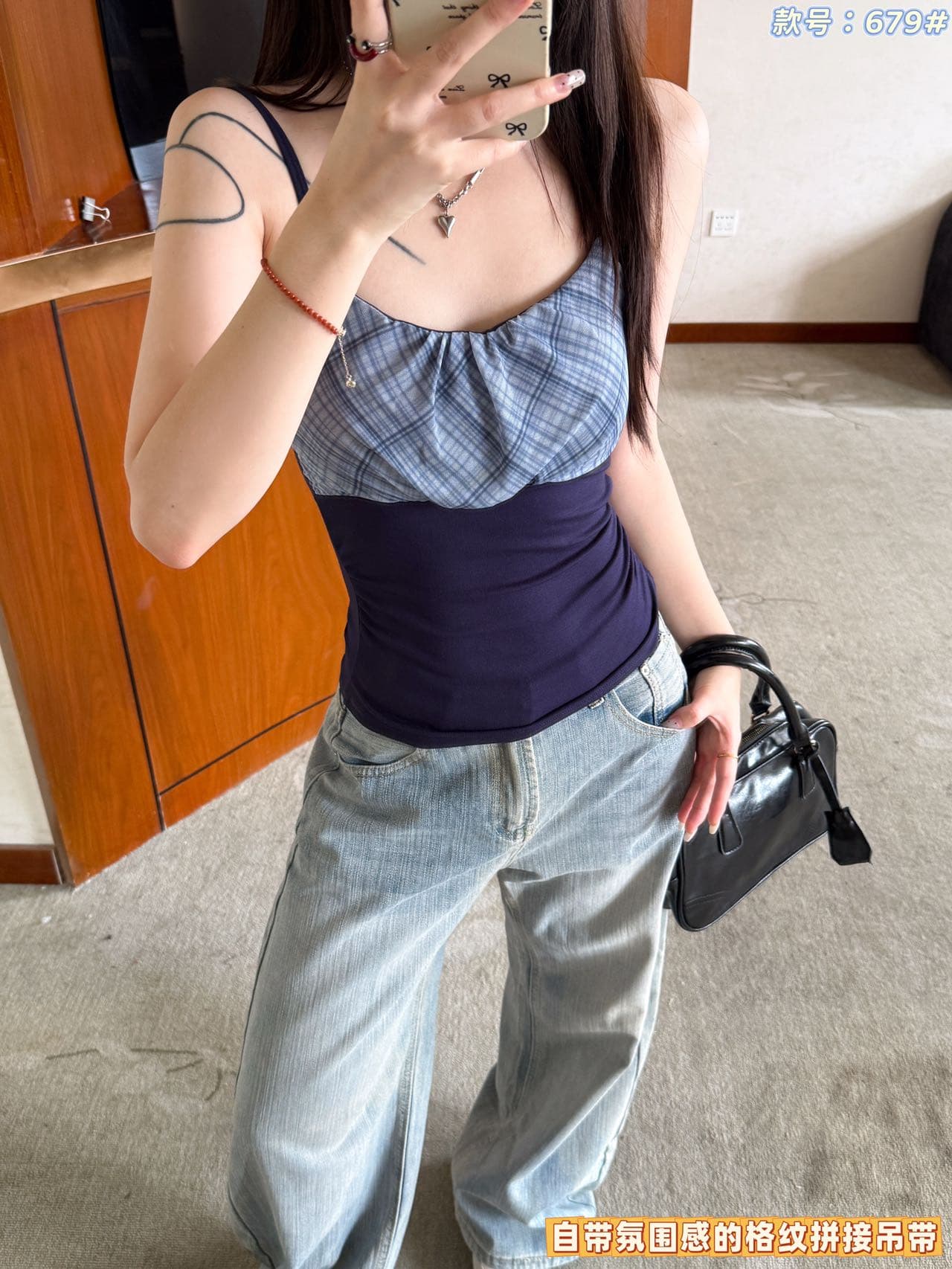 여름 한 부서 캐주얼 바람 분위기 센스 나만의 것을 가져와 라. 가슴 패드 레트로 체크무늬 패치워크 캐미솔 상세 이미지 11