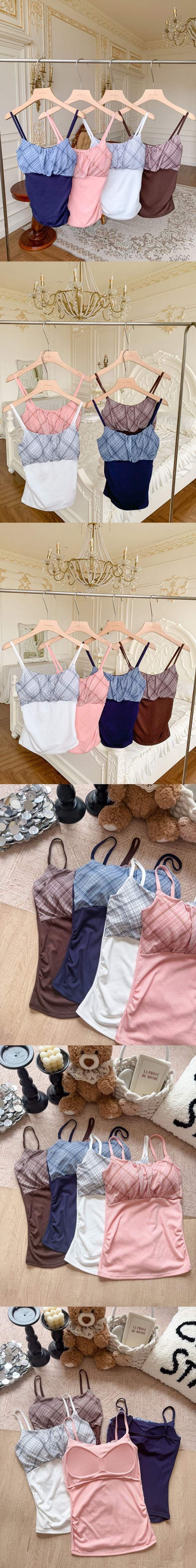 여름 한 부서 캐주얼 바람 분위기 센스 나만의 것을 가져와 라. 가슴 패드 레트로 체크무늬 패치워크 캐미솔 상세 이미지 34