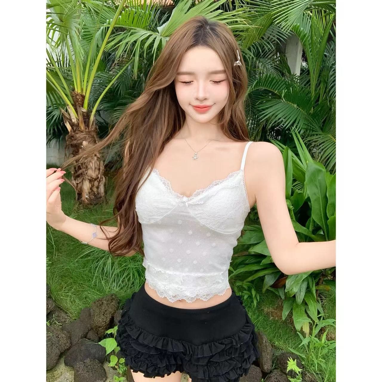 여름 새로운 순수한 욕망 분위기 센스 이중층 도트 무늬 레이스 레이스 행침 벨트 가슴 패드 상세 이미지 2
