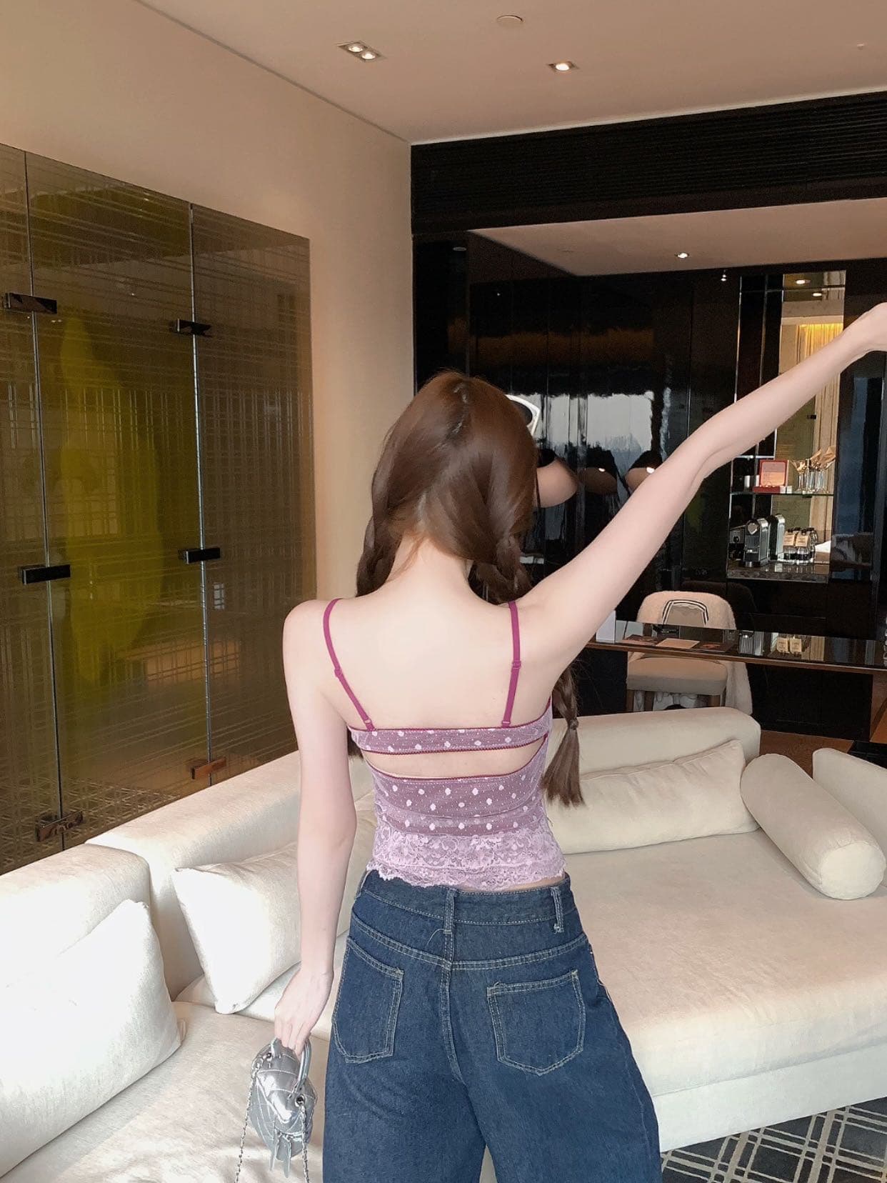 여름 새로운 순수한 욕망 분위기 센스 이중층 도트 무늬 레이스 레이스 행침 벨트 가슴 패드 상세 이미지 9