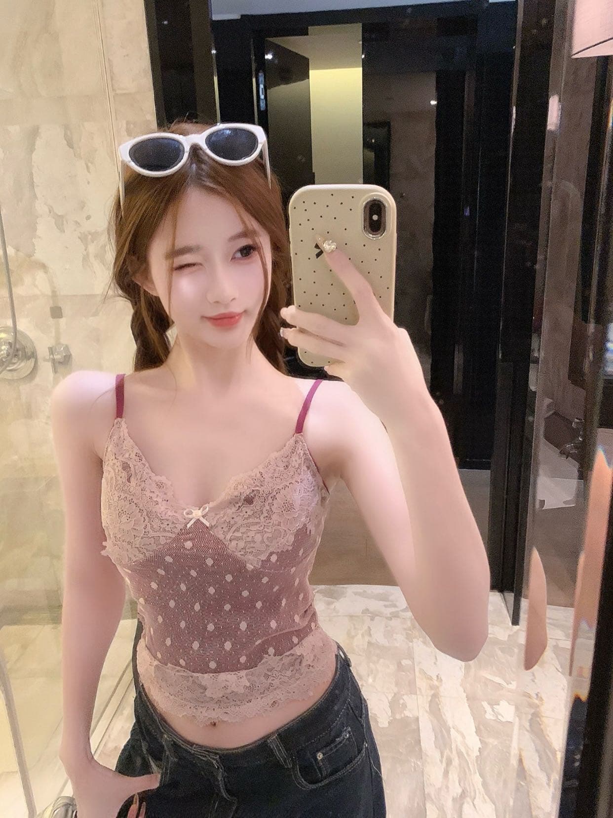 여름 새로운 순수한 욕망 분위기 센스 이중층 도트 무늬 레이스 레이스 행침 벨트 가슴 패드 상세 이미지 13