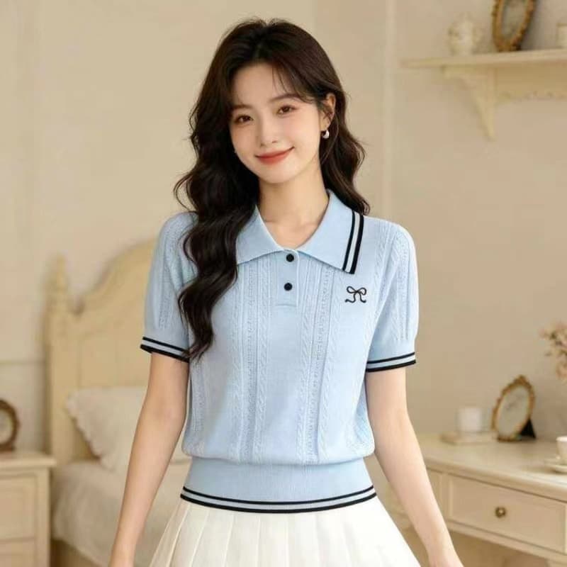 통기성 고급 반팔 2026 여름 새로운 polo 폴로 칼라 반소매 슬림해 보이는 니트 스웨터 배색 스트라이프 주머니 수건 이미지 2