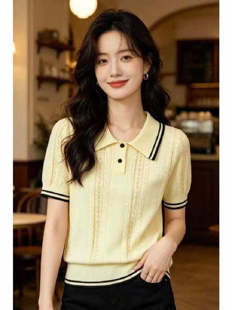 통기성 고급 반팔 2026 여름 새로운 polo 폴로 칼라 반소매 슬림해 보이는 니트 스웨터 배색 스트라이프 주머니 수건 이미지 3