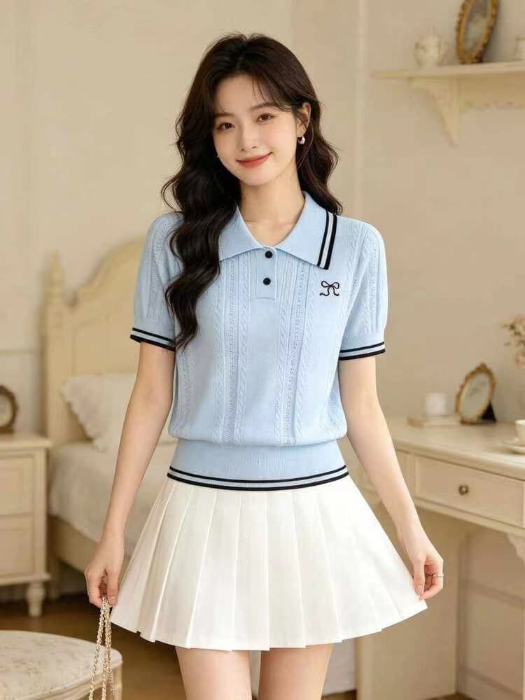 통기성 고급 반팔 2026 여름 새로운 polo 폴로 칼라 반소매 슬림해 보이는 니트 스웨터 배색 스트라이프 주머니 수건 상세 이미지 4
