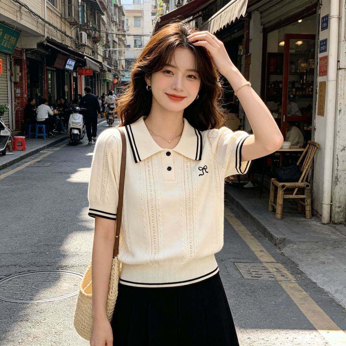 통기성 고급 반팔 2026 여름 새로운 polo 폴로 칼라 반소매 슬림해 보이는 니트 스웨터 배색 스트라이프 주머니 수건 상세 이미지 9