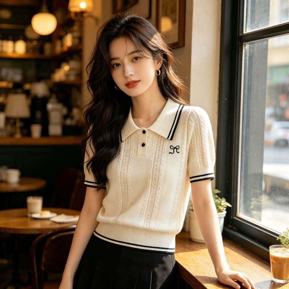 통기성 고급 반팔 2026 여름 새로운 polo 폴로 칼라 반소매 슬림해 보이는 니트 스웨터 배색 스트라이프 주머니 수건 상세 이미지 10