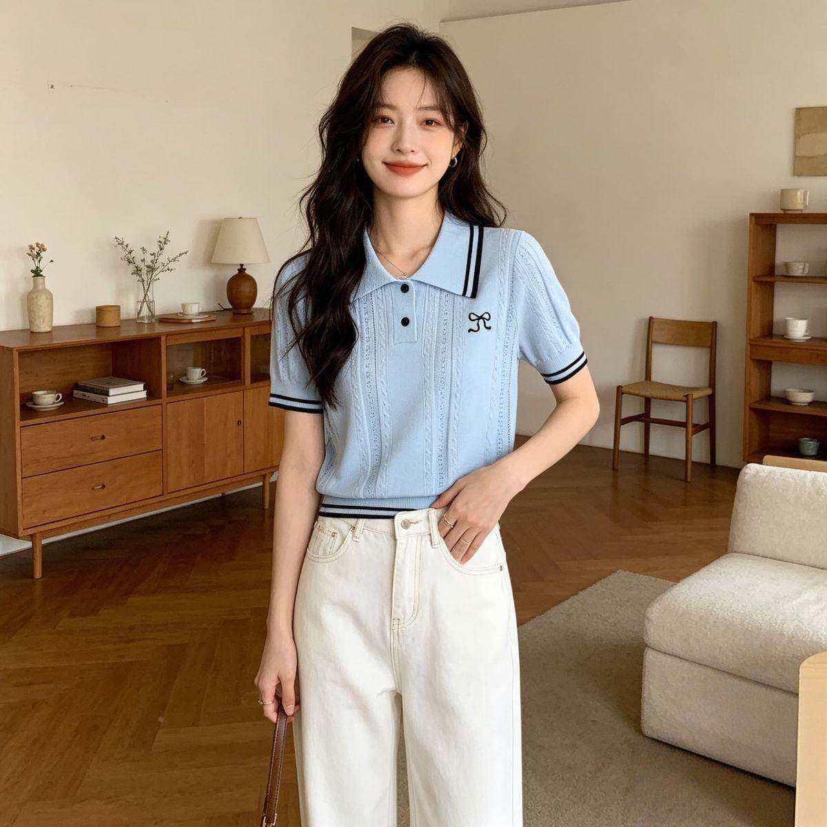 통기성 고급 반팔 2026 여름 새로운 polo 폴로 칼라 반소매 슬림해 보이는 니트 스웨터 배색 스트라이프 주머니 수건 상세 이미지 11