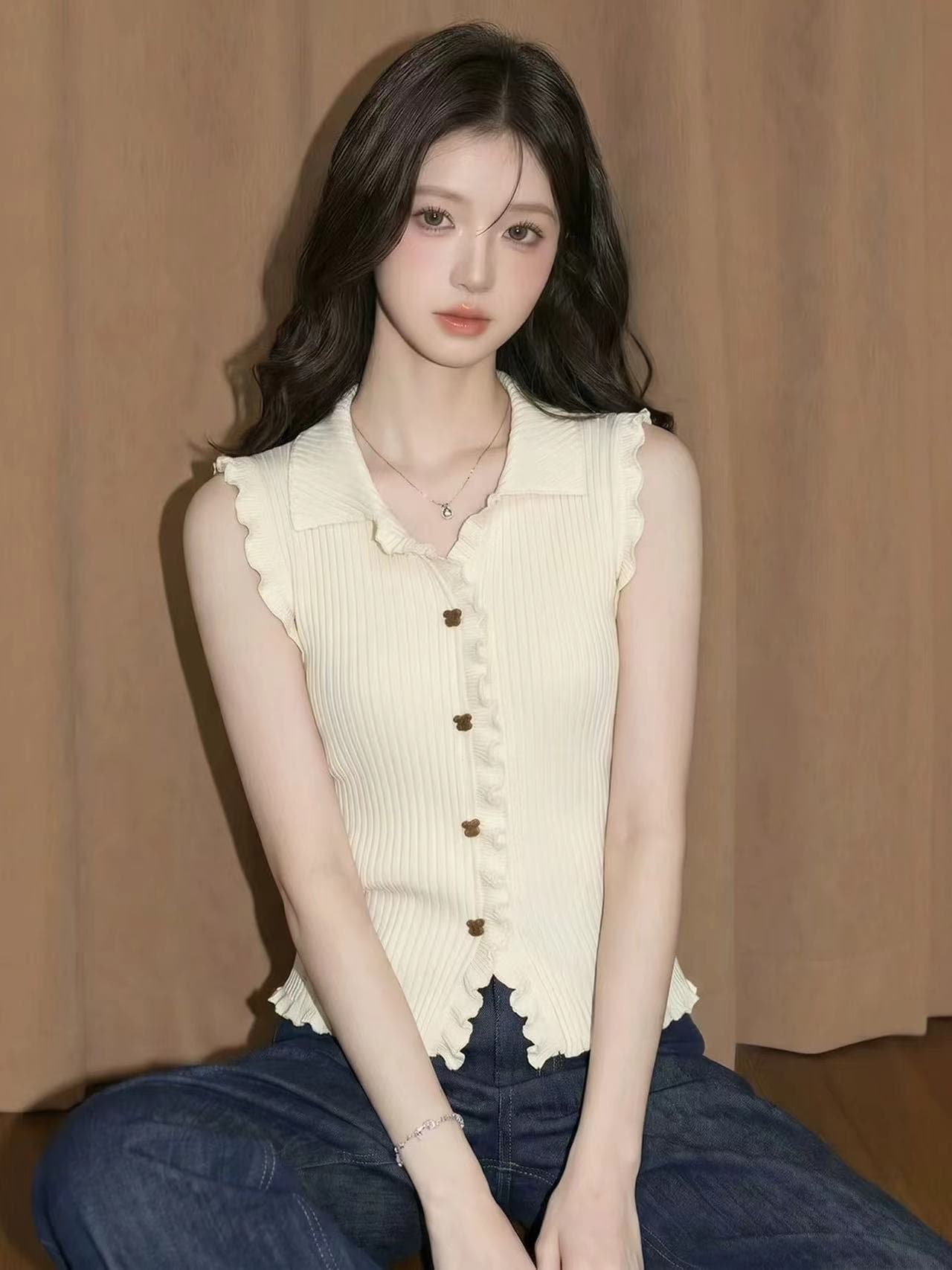 화이트 POLO 칼라 캐미솔 여름 고유 한 아름다운 자이언트 잘 생긴 고급 센스 외출용 해변가 민소매 작은 맨위 상세 이미지 5