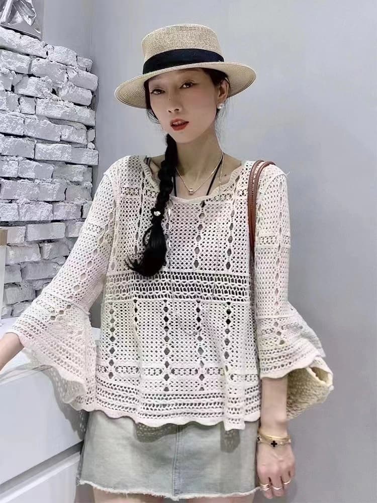 이른 가을 새로운 디자인 센스 작은 대중 프랑스식 홀로우 아웃 자외선 차단 블라우스 맨위 여성 이른 가을 외부 가져 가라. 슈퍼 잘 생긴 니트 스웨터 상세 이미지 15
