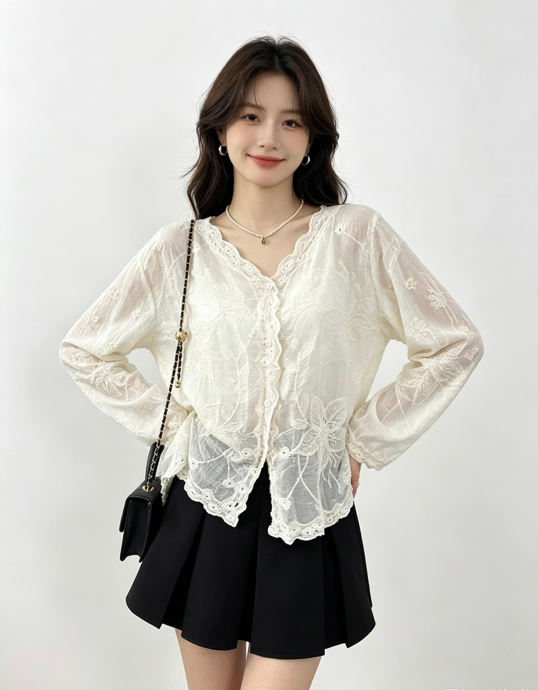 고급 센스 V넥 자카드 자수 셔츠 여성 코트 봄 프랑스식 품격 슬림해 보이는 다용도 맨위 상세 이미지 5