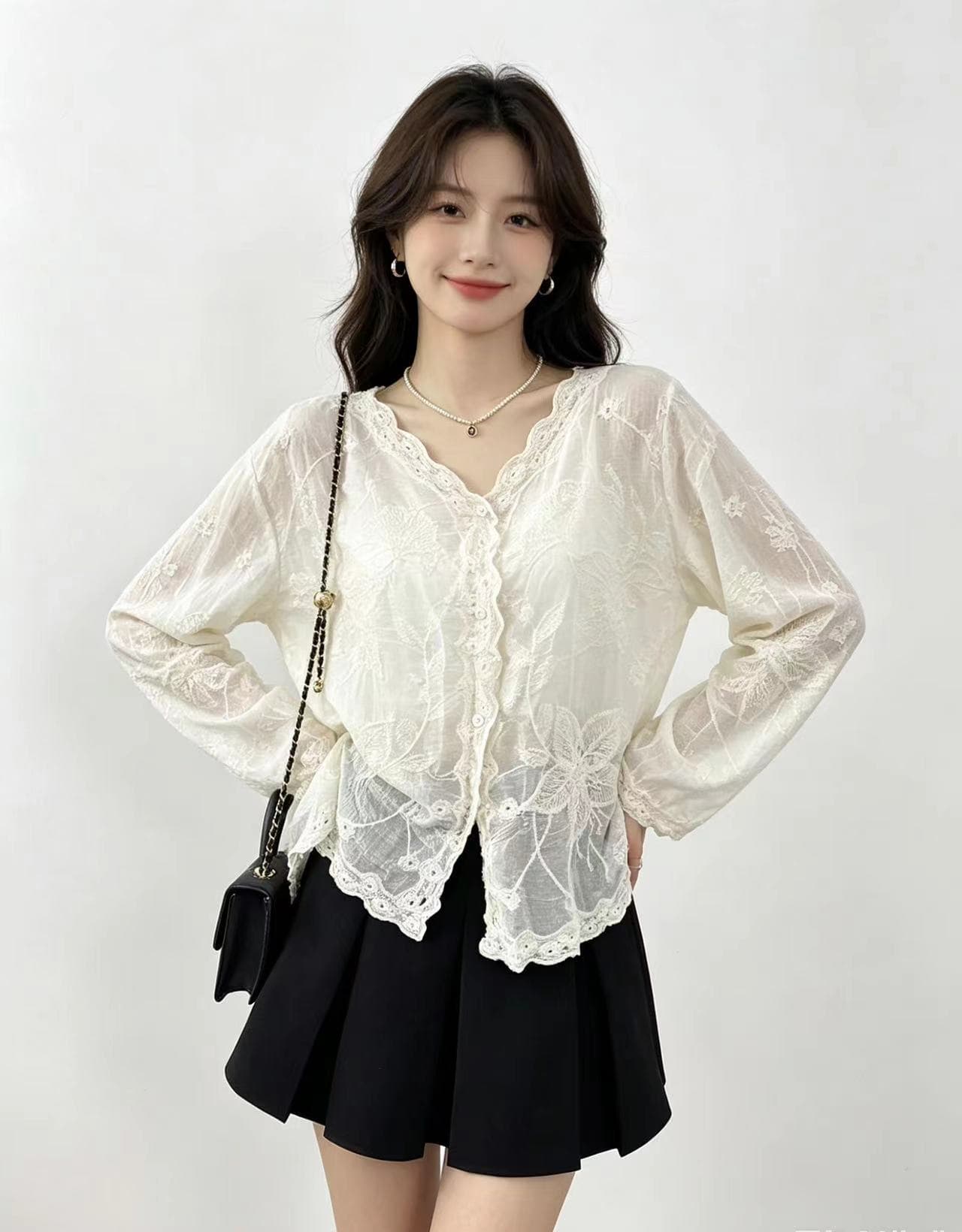 고급 센스 V넥 자카드 자수 셔츠 여성 코트 봄 프랑스식 품격 슬림해 보이는 다용도 맨위 상세 이미지 8