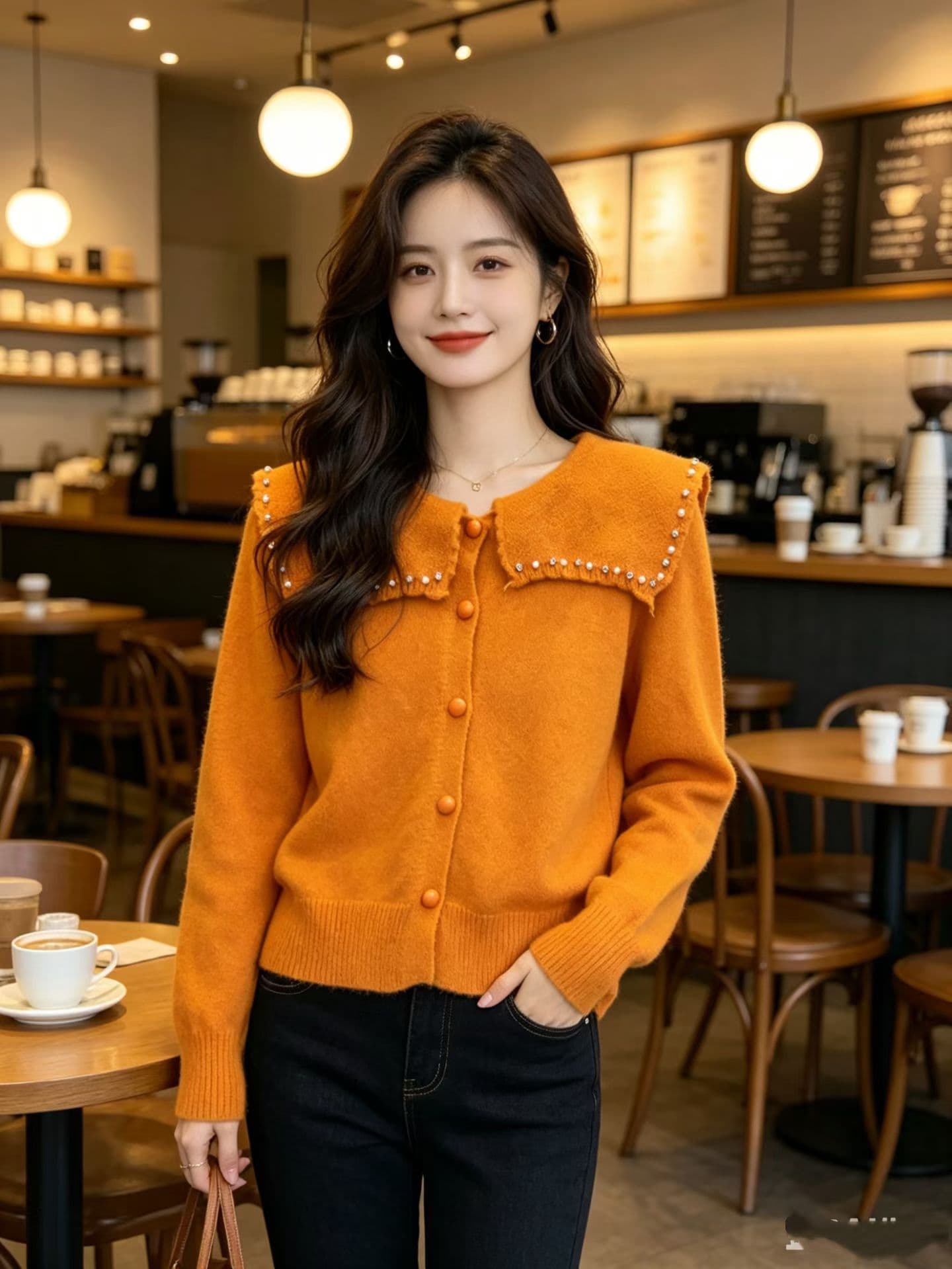 달콤한 스타일 베이비 칼라 니트 오픈 가디건 가을 새로운 부드러운 바람 연령 감소 슬림해 보이는 스웨터 코트 상세 이미지 5